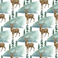 Watercolor woodland seamless pattern with deer and landscape. Hand painted realistic buck deer with antlers and fir