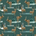 Watercolor woodland seamless pattern with deer and landscape. Hand painted realistic buck deer with antlers and fir