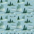 Watercolor woodland seamless pattern. Hand painted fir trees, mountains with splash texture on blue background. Winter