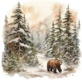 Watercolor Woodland Winter Woods Clipart Forest Moose Bear Mountain Camping Pine Trees Scene Snowy Merry Christmas Sublimation