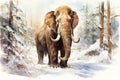 watercolor woolly mammoth walking in a prehistoric winter snowy forest