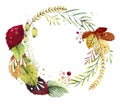 Watercolor wreath of autumn leaves and berries. Yellow and red leaves, berries and branches.