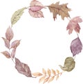 Watercolor wreath of autumn leaves isolated on the white background. Fall simple round frame. Thanksgiving card. Royalty Free Stock Photo