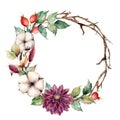 Watercolor wreath with autumn plants and flowers. Hand painted tree border with cotton, dahlia, dogrose berries and