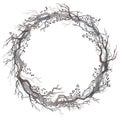 Watercolor wreath of bare branches and berries