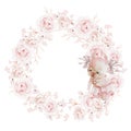 Watercolor wreath with beautiful peony rose flowers and bunny.