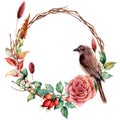 Watercolor wreath with bird and flowers. Hand painted tree border with cotton, dahlia, dogrose berries and leaves Royalty Free Stock Photo