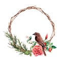 Watercolor wreath with bird and rose. Hand painted tree border with cotton, dogrose berries and leaves isolated on white Royalty Free Stock Photo