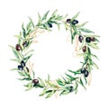 Watercolor wreath with black and golden olive berries. Hand painted floral border with olive fruit and tree branches