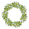 watercolor wreath with branch of green olives with leaves and fruits, hand drawn illustration of olive, round frame on Royalty Free Stock Photo