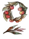 Watercolor wreath of cherries and leaves