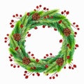 Watercolor wreath for Christmas, New Year. Hand-drawn illustration isolated on white background. Festive garland Royalty Free Stock Photo