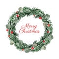 Watercolor wreath with christmas tree branches and holly berries Royalty Free Stock Photo