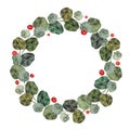 Watercolor wreath with christmas tree branches and holly berries