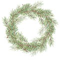 Watercolor wreath with Christmas tree branches on a white background. Decoration of green plants, pine, pine needles, spruce. Royalty Free Stock Photo