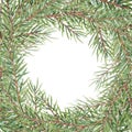 Watercolor wreath with Christmas tree branches on a white background. Decoration of green plants, pine, pine needles, spruce. Royalty Free Stock Photo