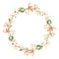 Watercolor wreath with cotton, buds, branches, leaves for wedding design