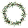 Watercolor wreath with cowberry. Hand painted floral illustration with leaves, berries and branches isolated on white