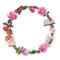 Watercolor Wreath design. Classical Music with Violin, Music Stand, Sheet Music and Metronome decorated with beautiful roses