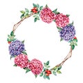 Watercolor wreath with dog rose and hydrangea. Hand painted pink and violet flowers with leaves and tree branches