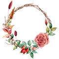 Watercolor wreath with dogrose and flower. Hand painted tree border with dahlia, tree branch and leaves, lagurus