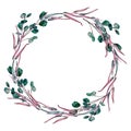 Watercolor wreath of different eucalyptus branches Royalty Free Stock Photo