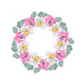 Watercolor wreath of eucalyptus leaves, tulips and daffodils on white background Royalty Free Stock Photo