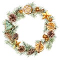 Watercolor wreath with fir branch and Christmas decor. Hand painted fir border with cones, stars, cookies, orange slices Royalty Free Stock Photo
