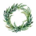 Watercolor wreath with fir, eucalyptus and dry branches. Hand painted holiday frame with plants isolated Royalty Free Stock Photo