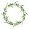 Watercolor wreath of fir twigs with cones,