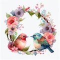 Watercolor wreath flower with love couple bird Royalty Free Stock Photo