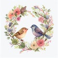 Watercolor wreath flower with love couple bird Royalty Free Stock Photo