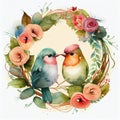 Watercolor wreath flower with love couple bird Royalty Free Stock Photo