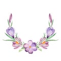 Watercolor wreath with flowers and crocus leaves