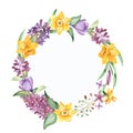 Watercolor wreath with flowers and leaves of daffodil, crocus, lilac