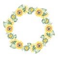 Watercolor wreath with flowers, sunflower seeds, leaves, sunflower sideways