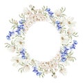 Watercolor wreath with forget me not flowers, chamomile and hudrangea, green leaves Royalty Free Stock Photo