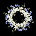 Watercolor wreath with forget me not flowers, chamomile and hudrangea, green leaves Royalty Free Stock Photo