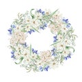 Watercolor wreath with forget me not flowers, chamomile and hydrangea, green leaves