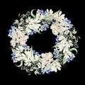 Watercolor wreath with forget me not flowers, chamomile and hydrangea, green leaves Royalty Free Stock Photo