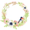 Watercolor wreath frame with anemone and herbs