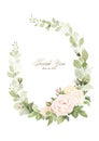 Watercolor wreath frame design with roses bouquet and leaves Royalty Free Stock Photo