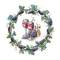 Watercolor wreath from grape and leaves glasses