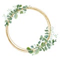 Watercolor wreath green floral with eucalyptus greenery leaves on golden frame. Baby nursery decor, greenery baby shower, wedding