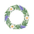 Watercolor wreath of green leaves, muscari and daffodils on a white background. Royalty Free Stock Photo