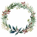 Watercolor Wreath Of Green Leaves With Red Berries - Nature-inspired Clipart Royalty Free Stock Photo