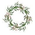 Watercolor wreath with green leaves and twigs, red twigs. Floral wreath on the white background. Royalty Free Stock Photo