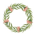 Watercolor wreath with green leaves and twigs, red flowers. Floral wreath on the white background. Royalty Free Stock Photo