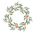 Watercolor wreath with green leaves and twigs, red flowers. Floral wreath on the white background Royalty Free Stock Photo
