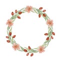 Watercolor wreath with green leaves and twigs, red flowers and twigs. Floral wreath on the white background Royalty Free Stock Photo